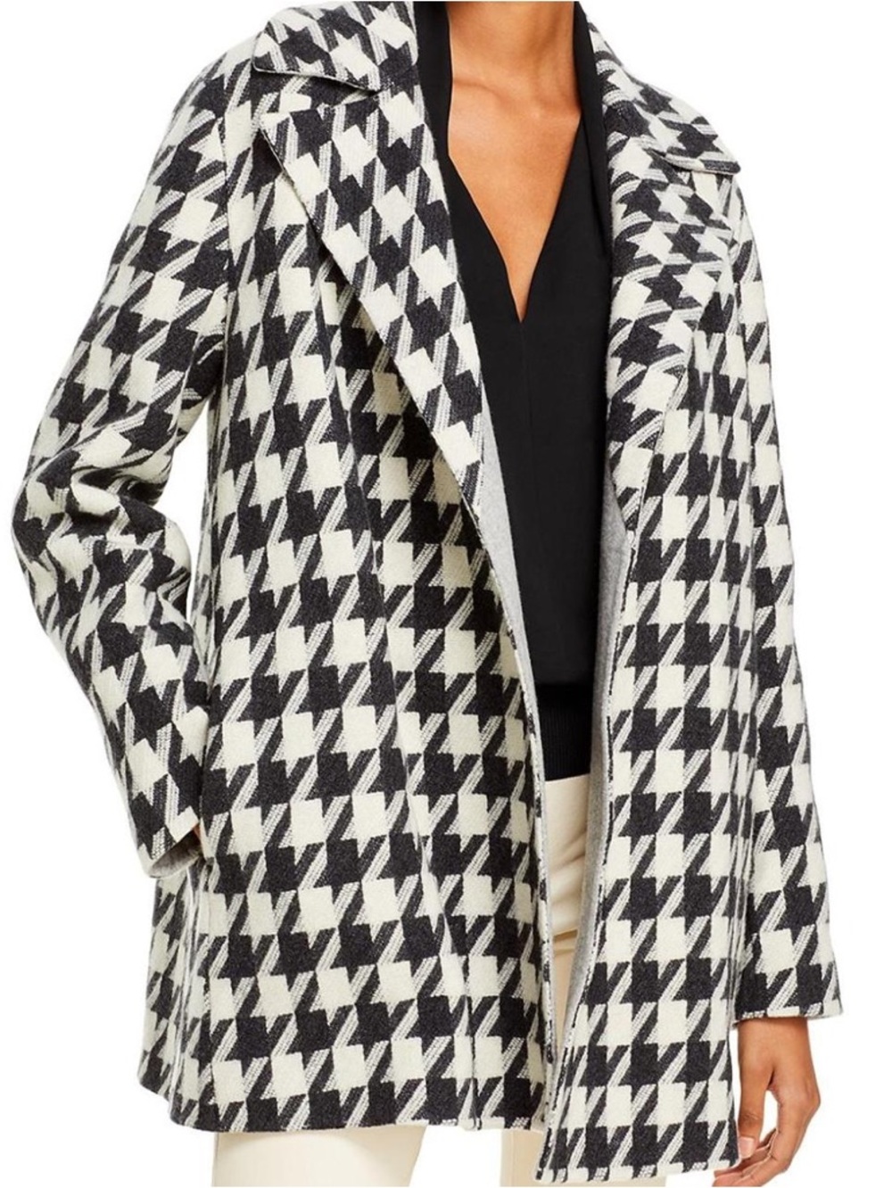 Theory  Wool Blend Black & White Houndstooth Pea Coat